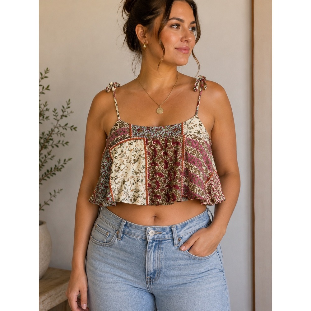Valija Patchwork Cami Top Womens Large Multi Color Boho Floral Paisley Crop